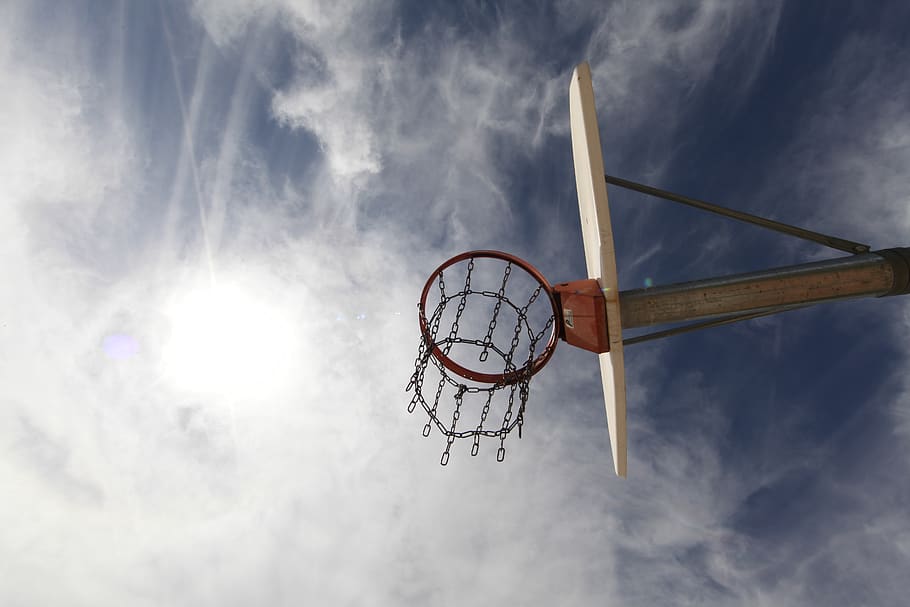 Low-angle Photography of Red and White Basketball System, basketball basket