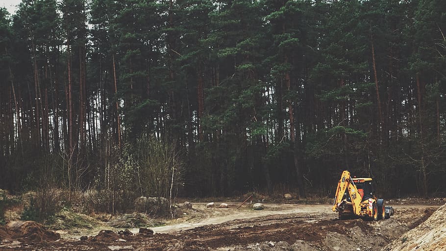 yellow front-loader near trees, mining, forest, nature, marchine, HD wallpaper