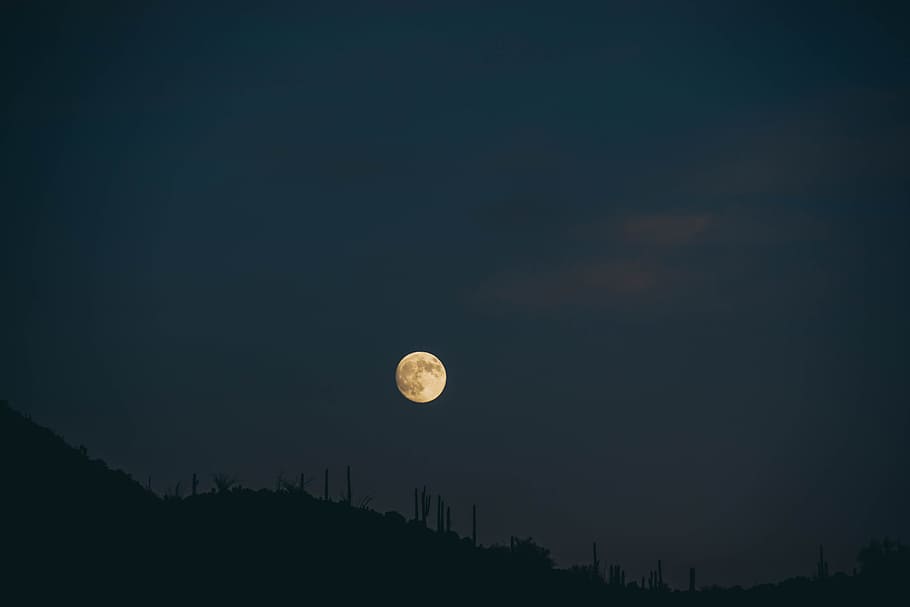 mountain under full moon, night, supermoon, sky, hike, desert HD wallpaper