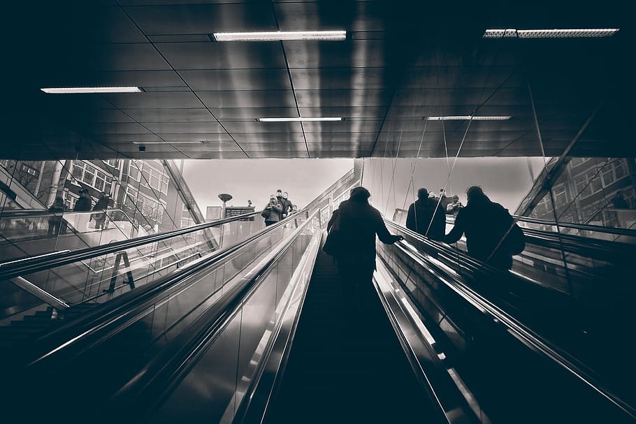 escalators, metro, railway station, stairs, architecture, urban, HD wallpaper