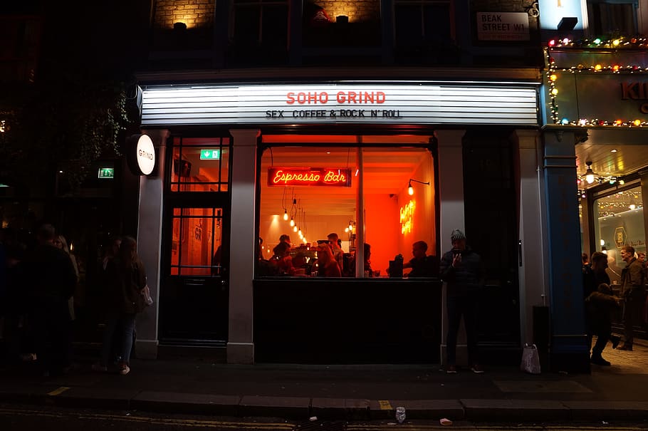 closed building store, illuminated, group of people, architecture HD wallpaper