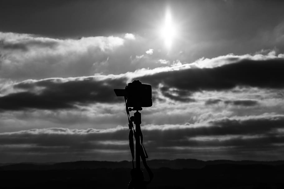 Grayscale Photo Of Camera Under The Sun, backlit, black and white, HD wallpaper