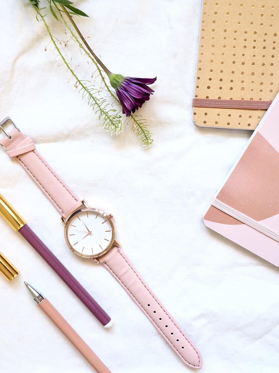 Flat lay Photography of Watch Near Pens and Notebook, bloom, blooming HD wallpaper