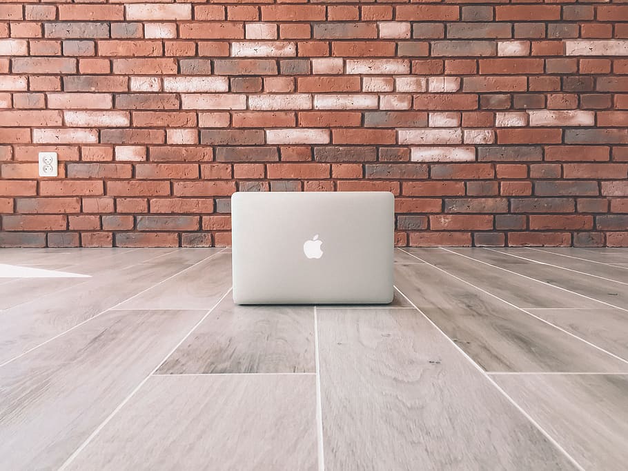 MacBook on floor, wall, brick wall, wall - building feature, built structure HD wallpaper