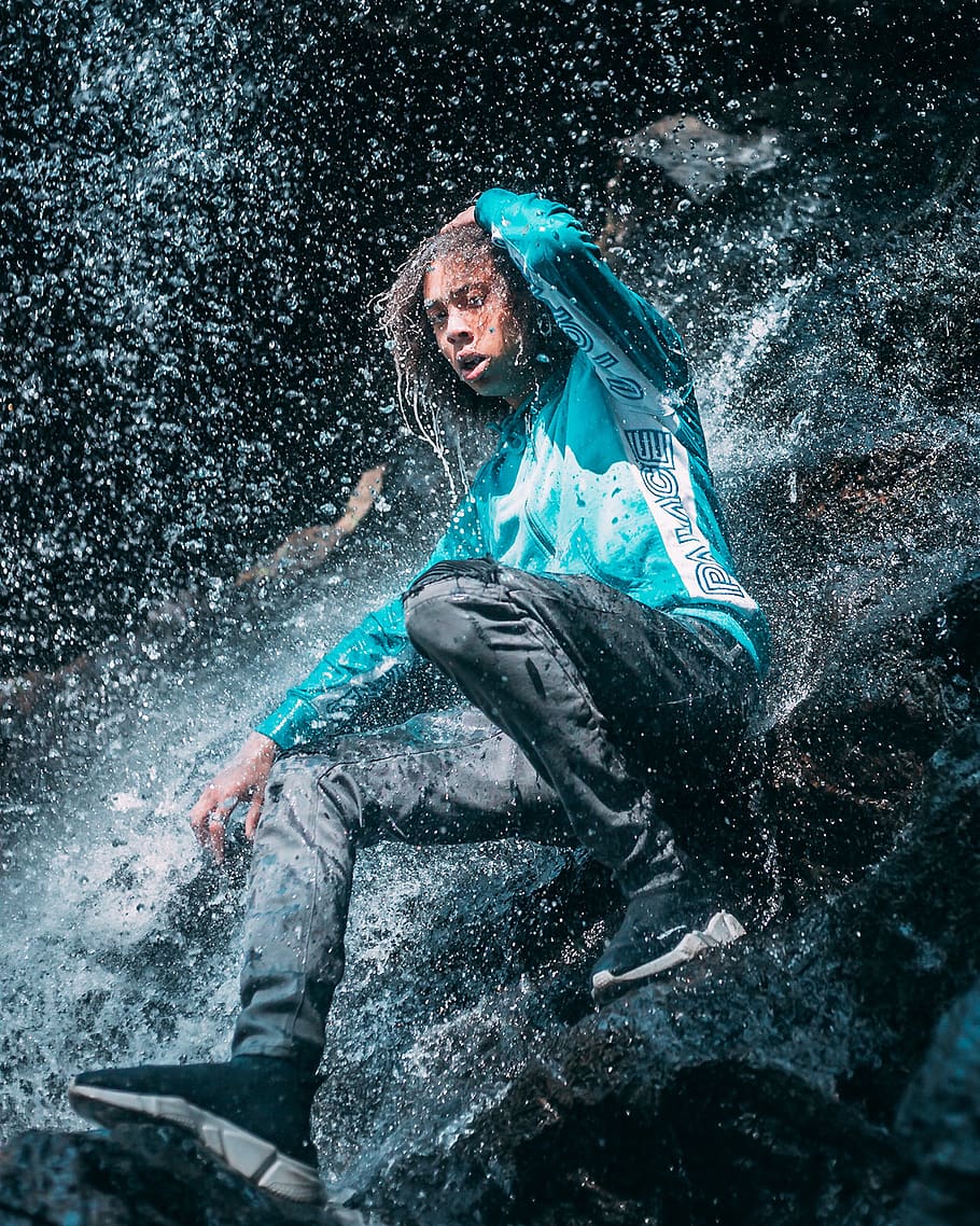 waterfall, one person, motion, splashing, real people, leisure activity HD wallpaper