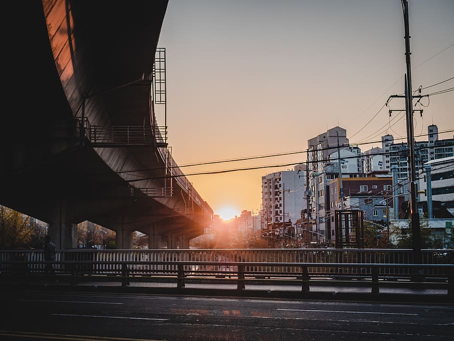 Road and Flyover during Golden Hour, architecture, bridge, buildings, HD wallpaper