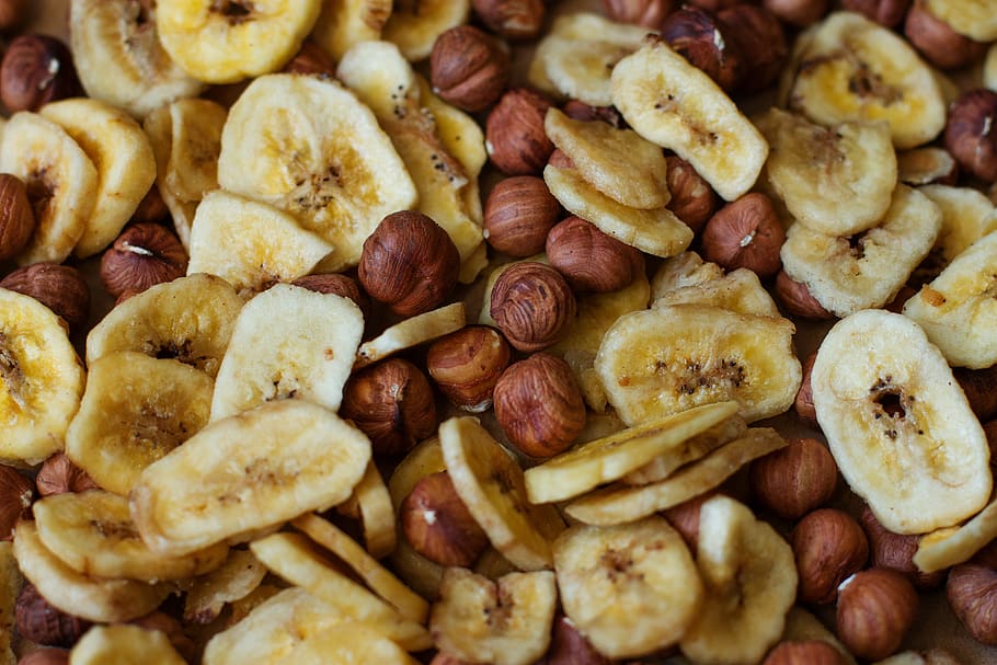 banana, nuts, chips, food, fitness, health, diet, delicious, HD wallpaper