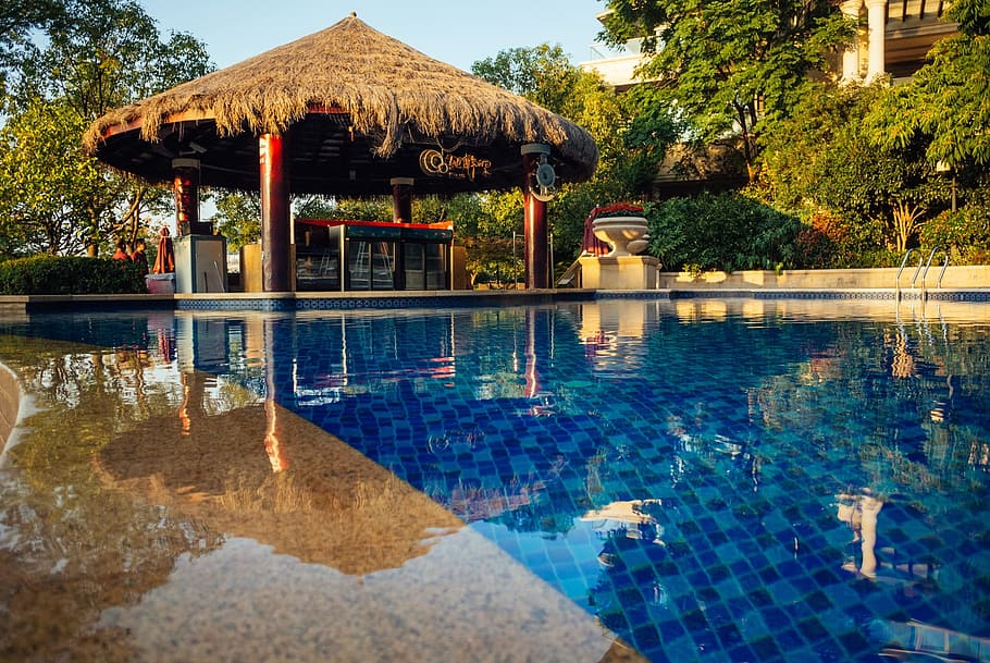 Brown Hut Near Swimming Pool, architecture, hotel, poolside, resort HD wallpaper