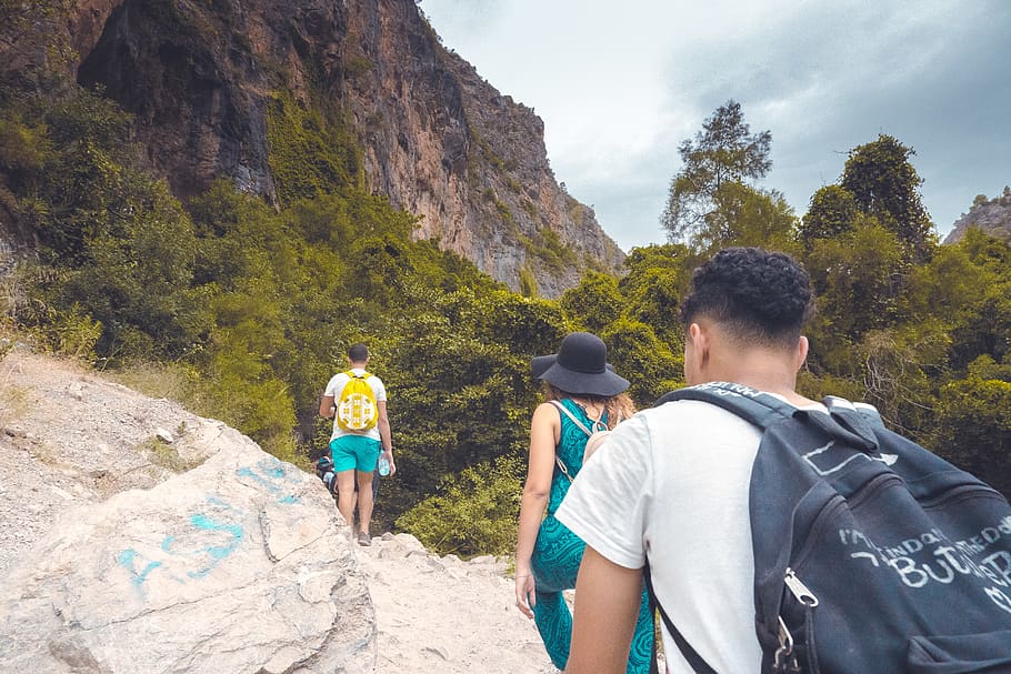 Man in White Shirt Carrying Black Backpack, climb, climbers, daylight HD wallpaper
