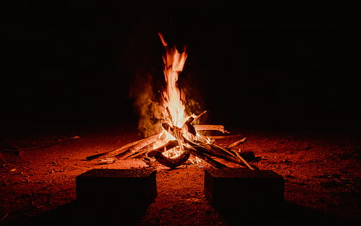Outdoor Fireplace during Nighttime, ash, black background, blaze HD wallpaper