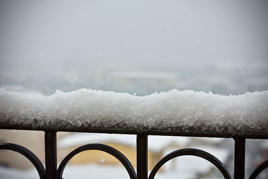 snowfall, balcony, railing, wrought iron, winter, outdoors HD wallpaper