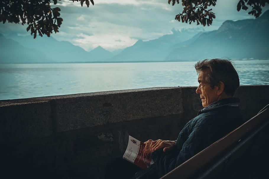 landscape, old, man, sit, lake, river, water, mountain, blue HD wallpaper