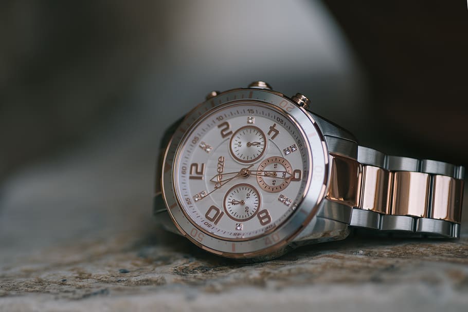 round silver-colored chronograph watch, wristwatch, clock, building HD wallpaper
