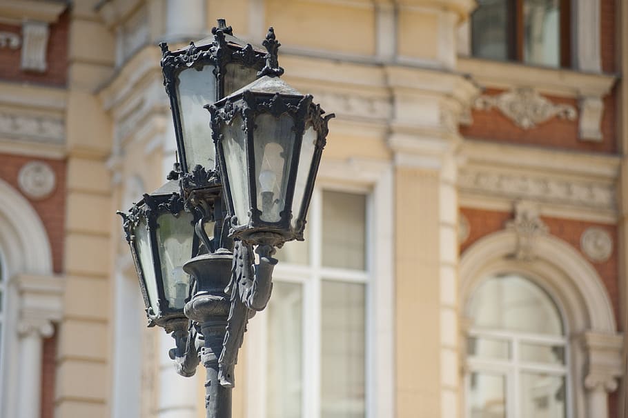 3-light Lamp Post, macro, street lamps, architecture, lighting equipment