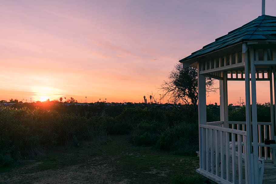light, flare, gazebo, sunset, outdoors, nature, porch, landscape HD wallpaper