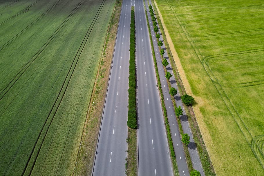 Aerial view on highway by the field at summer, green color, plant, HD wallpaper