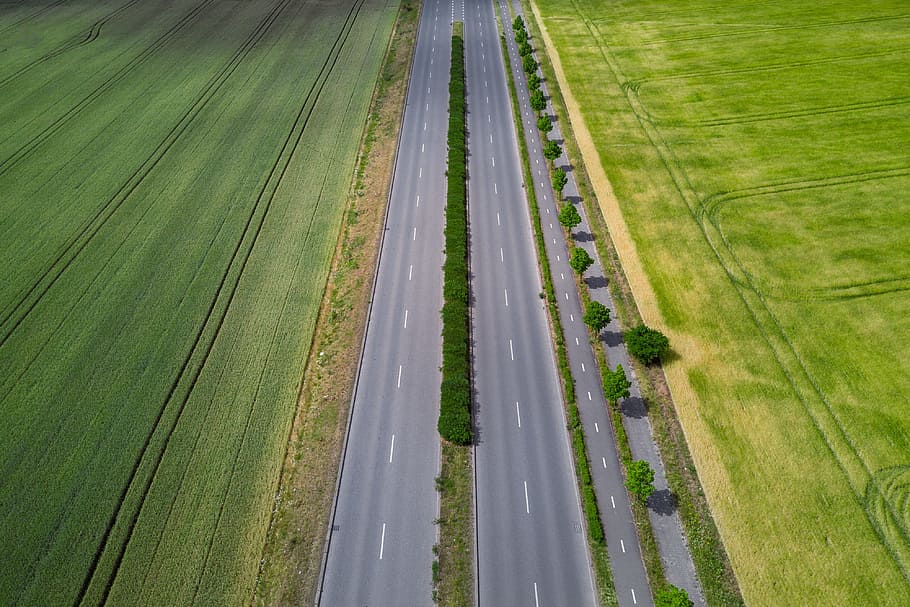 Aerial view on highway by the field at summer, green color, plant HD wallpaper