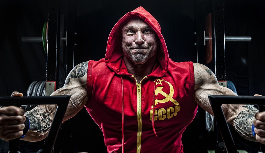 man in red and yellow CCCP hoodie, front view, waist up, real people, HD wallpaper