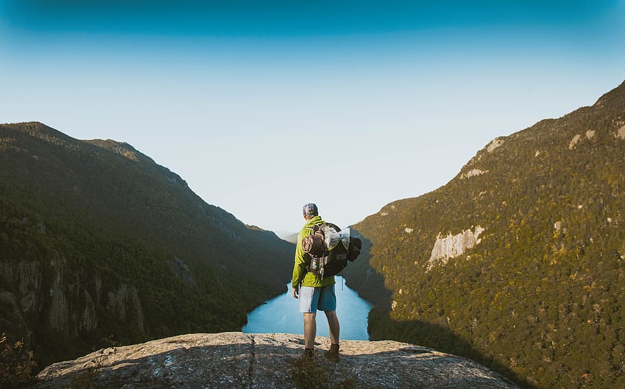 nature, mountains, trees, river, sky, people, man, guy, traveler HD wallpaper