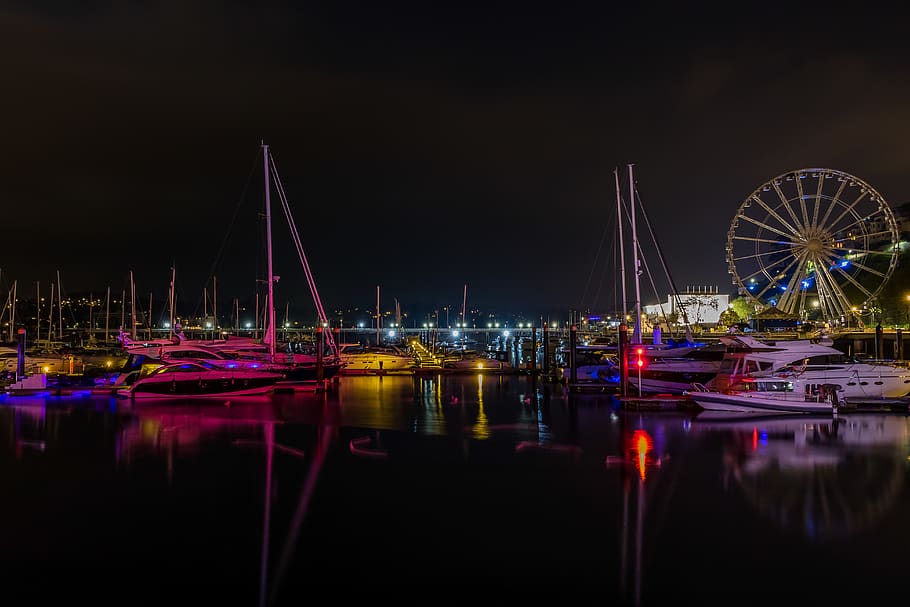 torquay, united kingdom, torquay harbour, boats, night, long exposure