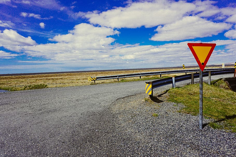 iceland, road, lost, yield, sign, sky, cloud - sky, transportation HD wallpaper