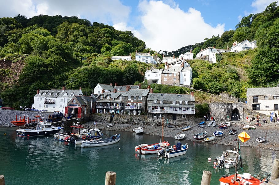 sea, village, england, devon, port, water, ocean, blue, europe HD wallpaper