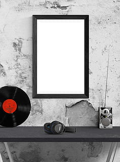 poster, frame, template, lp standing, radio, headphone, music HD wallpaper