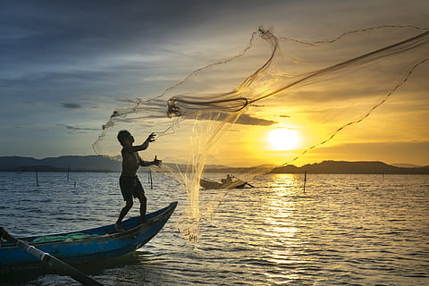 Throwing Fishing Net During Sunset Thai Stock Photo 177922370