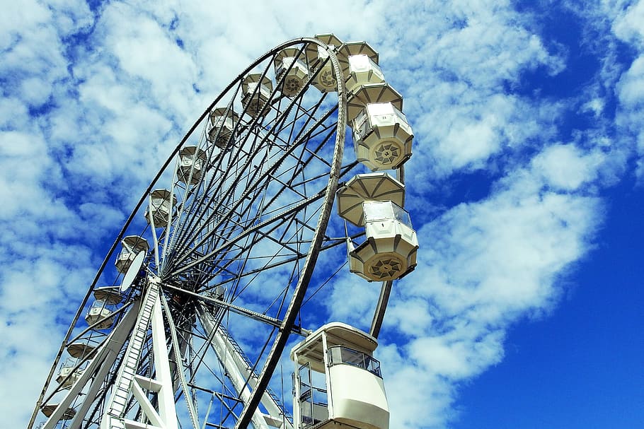 ferris wheel, clouds, sky, entertainment, low angle view, amusement park ride HD wallpaper