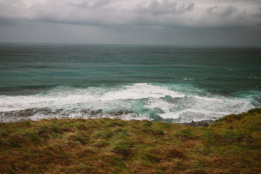 Landscape View of Seashore, beach, cliff, clouds, dawn, grass HD wallpaper