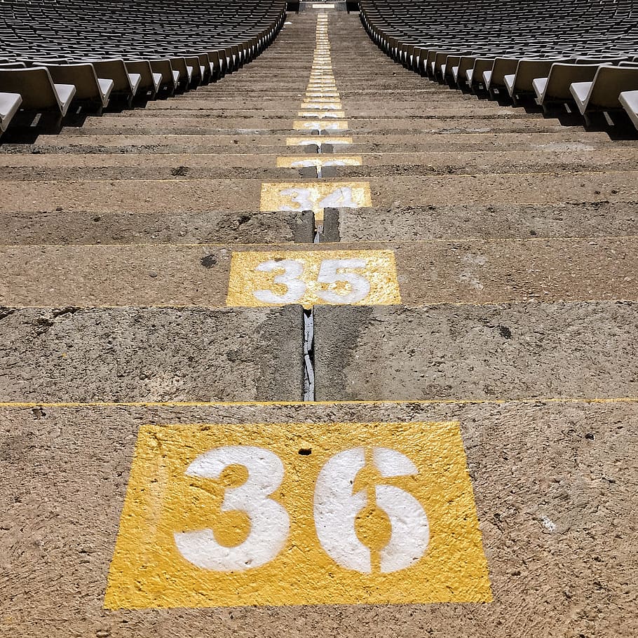 spain, barcelona, rows, numbers, stadium, steps, stone, yellow HD wallpaper