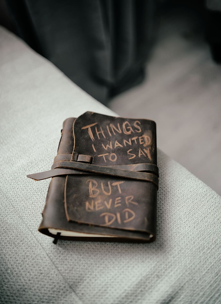 brown leather case, indoors, text, high angle view, close-up HD wallpaper
