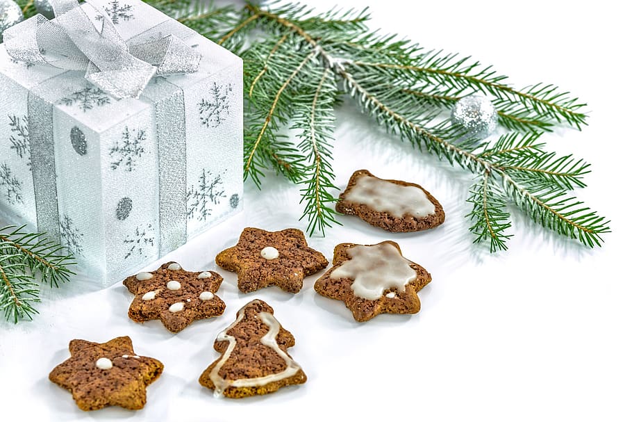 christmas, trees, gift, box, cookie, food, sweets, pastry, celebration HD wallpaper