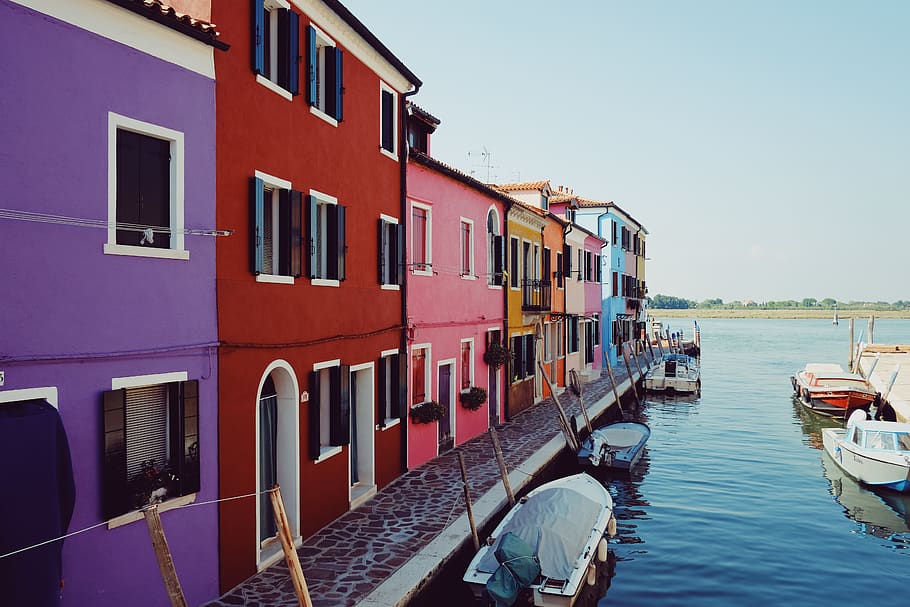 assorted-color house beside dock, boat, vessel, watercraft, transportation HD wallpaper