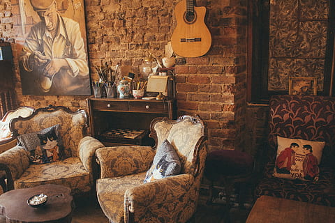 Two Brown Armchairs Near Brown Wooden Cabinet, art, brickwall HD wallpaper