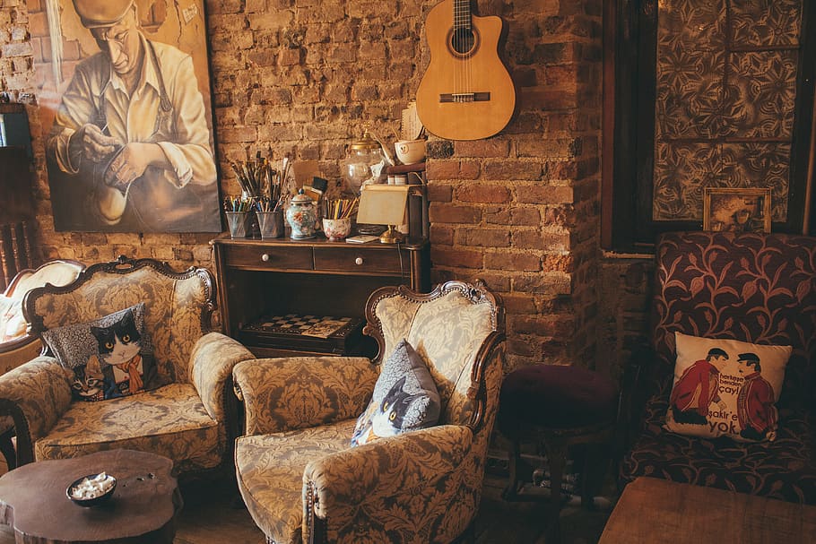 Two Brown Armchairs Near Brown Wooden Cabinet, art, brickwall HD wallpaper