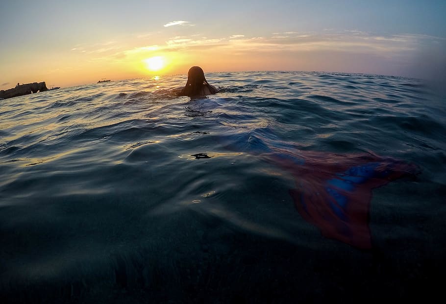 italy, tropea, sunset, girl, water, beautiful, tail, sea, clifs, HD wallpaper