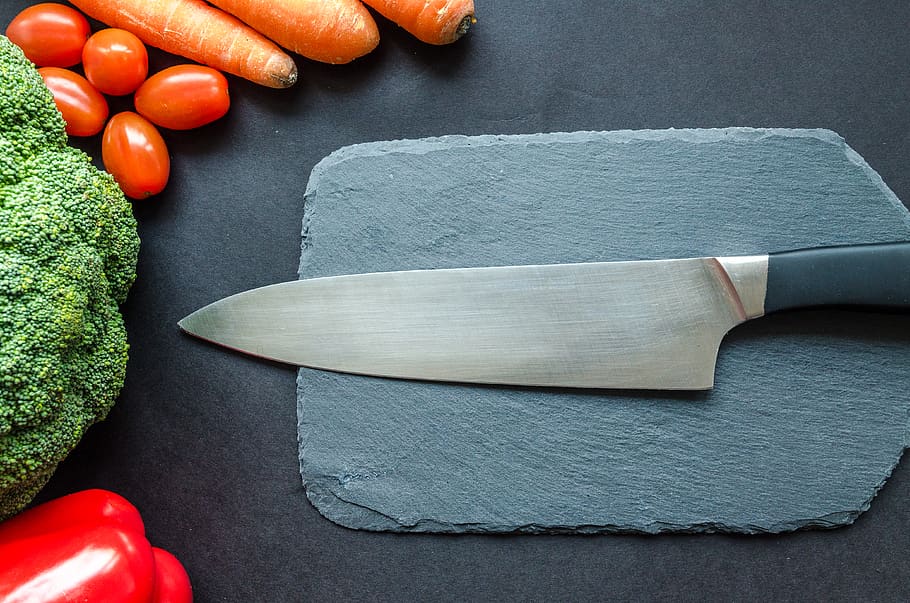 Kitchen Knife, broccoli, carrots, citrus, close-up, cut, eating, HD wallpaper