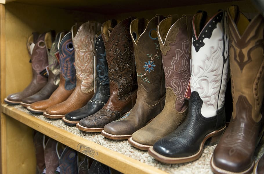 cowboy boots, shelves, styles, shoe, store, business, craft, HD wallpaper