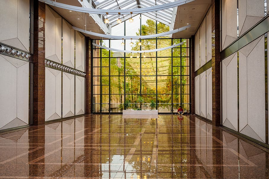 brown floor tiles inside warehouse, architecture, reflection HD wallpaper