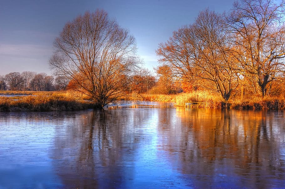 sun, pond, water, nature, lake, sky, landscape, autumn, rest HD wallpaper