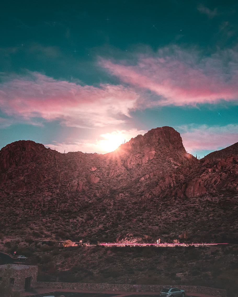 mountain peak under blue sky, nature, outdoors, flare, light HD wallpaper