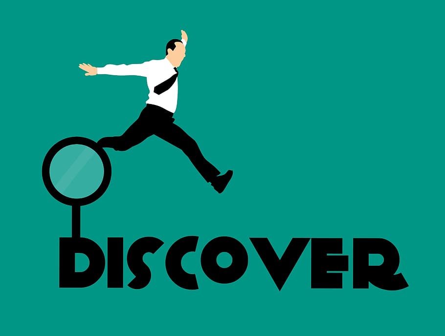 Illustration of man in business suit jumping from magnifying glass to the word Discover. HD wallpaper