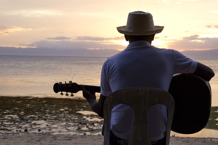 philippines, moalboal, hat, rear view, sky, sea, sunset, water HD wallpaper