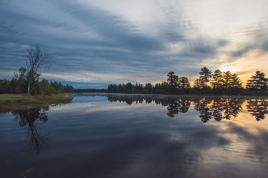 lake, trees, forest, nature, sunrise, sunset, water, fishing HD wallpaper