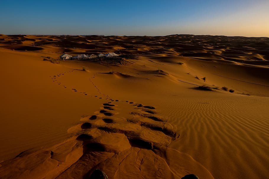 desert under blue sky, soil, outdoors, nature, sand, dune, footprint HD wallpaper