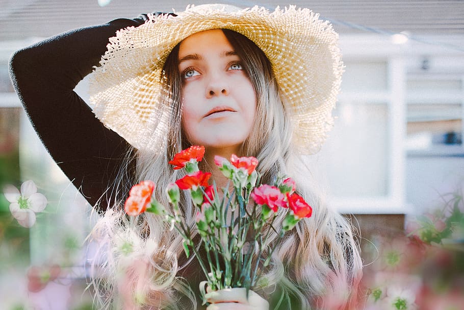Woman Holding Flowers, attractive, beautiful, beauty, flora, person HD wallpaper
