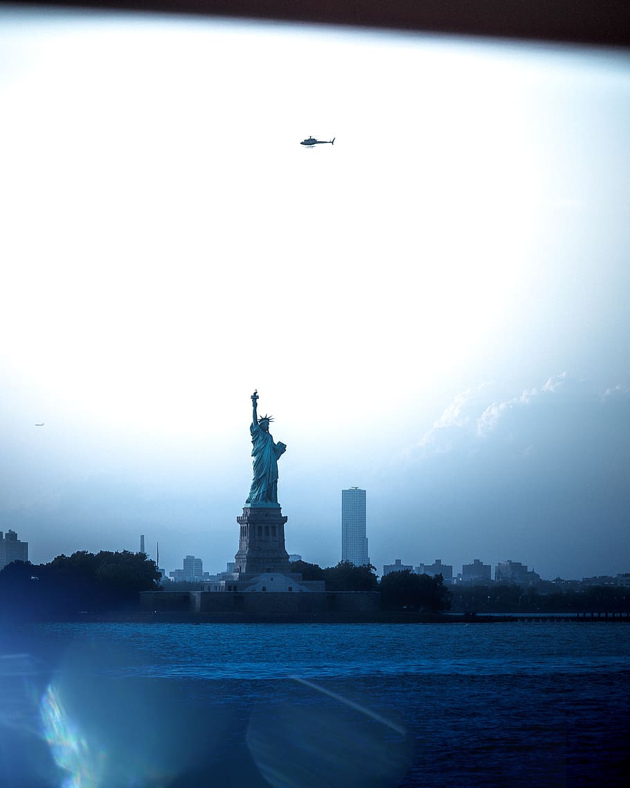 new york, sky, water, travel, flying, sculpture, transportation HD wallpaper