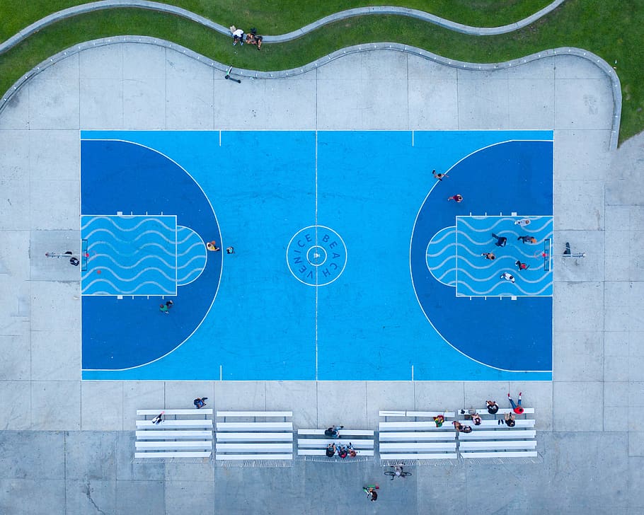 aerial of basketball court, blue, day, real people, outdoors