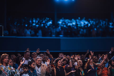 People Raising Hands, audience, blue, blur, crowd, multi color HD wallpaper